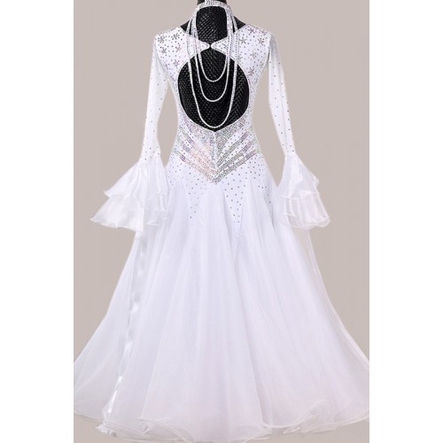 Custom size white color competition ballroom dance dresses for women girls professional stage performance waltz tango foxtort long dress gown for lady